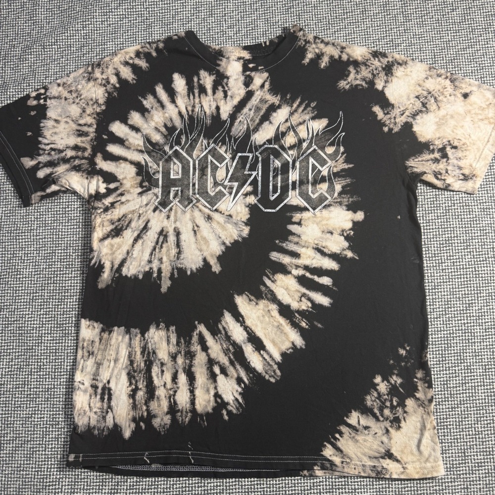 AC/DC Black White Bleach Tie Dye Flaming Logo Graphic Band Tee Shirt Mens Large